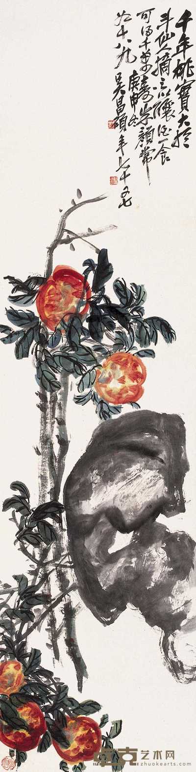 吴昌硕 1920年作 千年桃实图 立轴 135×34cm